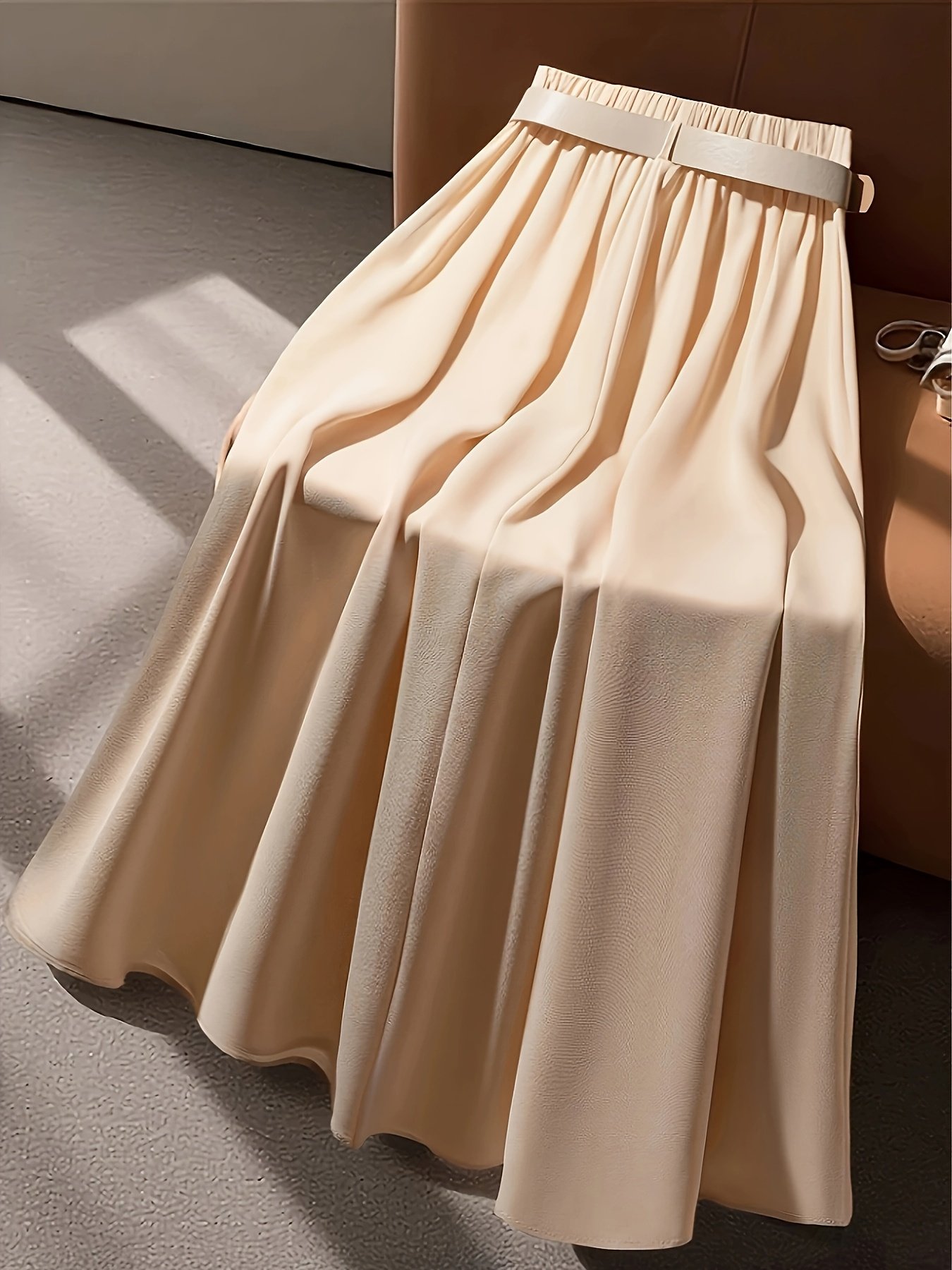 חצאית מקסי אלגנטית בצבע בז' לנשים - חצאית מכנסיים בגזרה גבוהה עם חגורה למשרד, מסיבות, יומיומיות - בד לא נמתח לכביסה במכונה, חצאית ארוכה למסיבה, מרקם חלק – תמונה 7