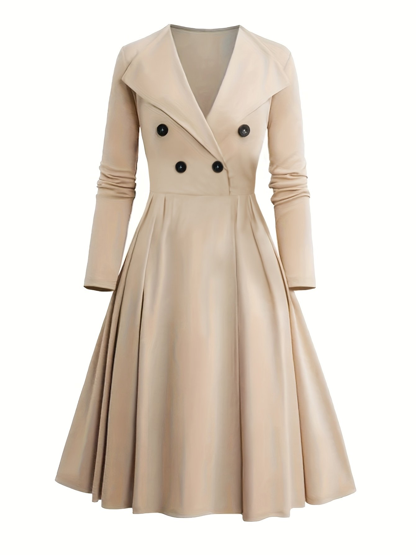 שמלה אלגנטית בגזרת A בצבע בז' עם צווארון V ושרוולים ארוכים - מושלמת לאביב/קיץ, ללא חגורה, כפתורים דמויי לב, אופנת נשים למבוגרים, לבוש קז'ואל|שמלה עם מחשוף V|פרטי כפתורים דמויי לב