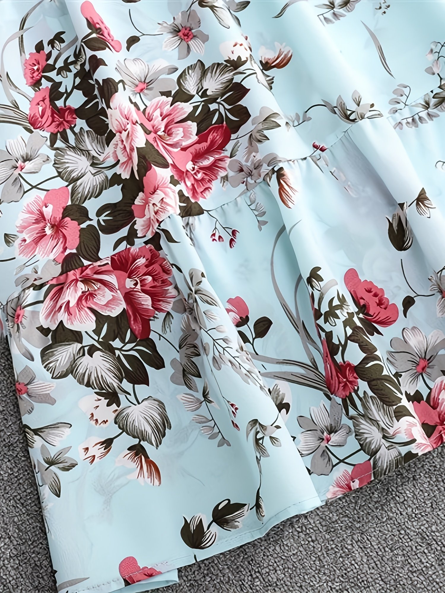 שמלת A אלגנטית לנשים עם הדפס פרחוני וצווארון פפיון - שמלת מסיבה וקז'ואל קלת משקל הניתנת לכביסה במכונה לאביב/סתיו, ורדים ורודים על תכלת, גזרה מובנית שאינה נמתחת, שמלות חמודות, בגדי סתיו, בד לא נמתח - Image 4