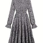 Elegant casual vacation dress with retro floral print and tie collar, long sleeves, for spring and autumn