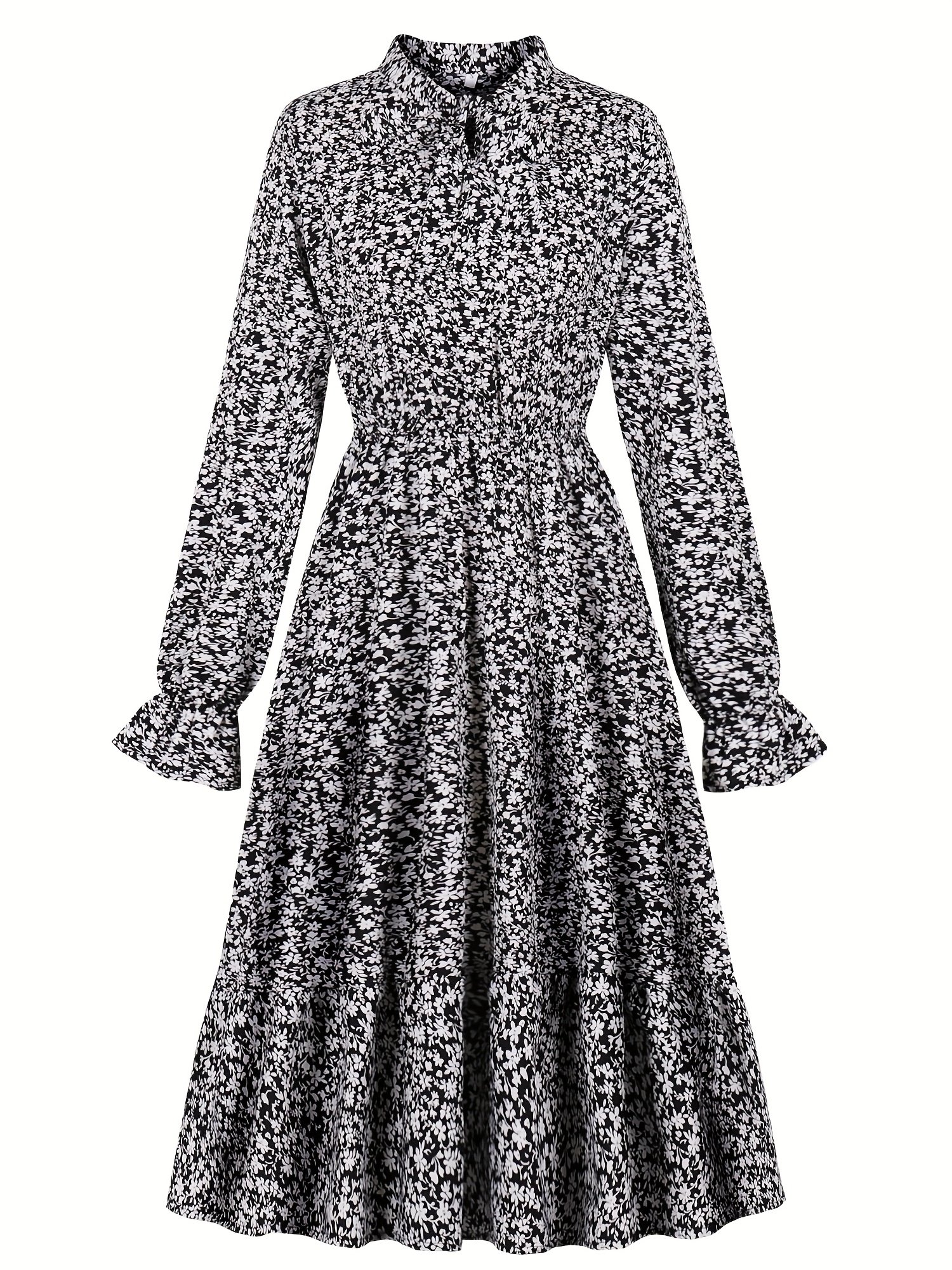 Elegant casual vacation dress with retro floral print and tie collar, long sleeves, for spring and autumn