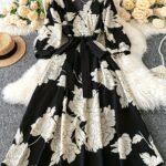 Elegant vintage floral dress for women with V-neck and tie waist - long sleeves in black and white, flowing A-line silhouette, perfect for fall/winter, adult fashion, elegant attire | Vintage floral dress | Polyester fabric