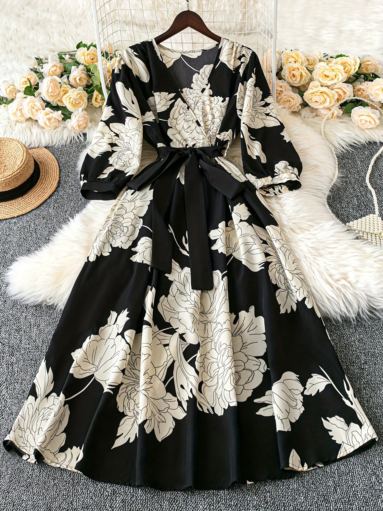 Elegant vintage floral dress for women with V-neck and tie waist - long sleeves in black and white, flowing A-line silhouette, perfect for fall/winter, adult fashion, elegant attire | Vintage floral dress | Polyester fabric