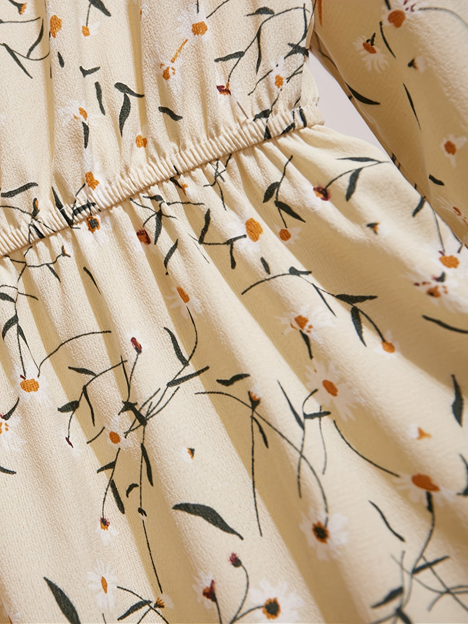 שמלת A אלגנטית לנשים עם צווארון פפיון ושרוולים ארוכים - הדפס פרחוני בצבע בז' בהיר, שוליים מתרחבים, ניתן לכביסה במכונה, ללבוש קז'ואל וסמי-רשמי באביב/סתיו, שמלה חמודה, מלתחת סתיו, סגנון נשי, בד קל משקל, חובבות אופנה - Image 5