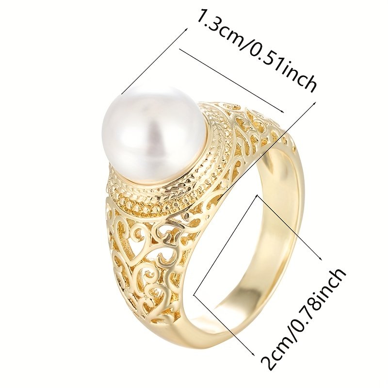 טבעת אלגנטית לנשים בעיצוב פרחוני חלול עם פנינה מלאכותית - נחושת בגוון זהוב, דוגמאות פיליגרן מורכבות, מושלמת ללבישה יומיומית או מתנה, תכשיטי מתנה | טבעת אלגנטית | גימור זהוב – תמונה 5