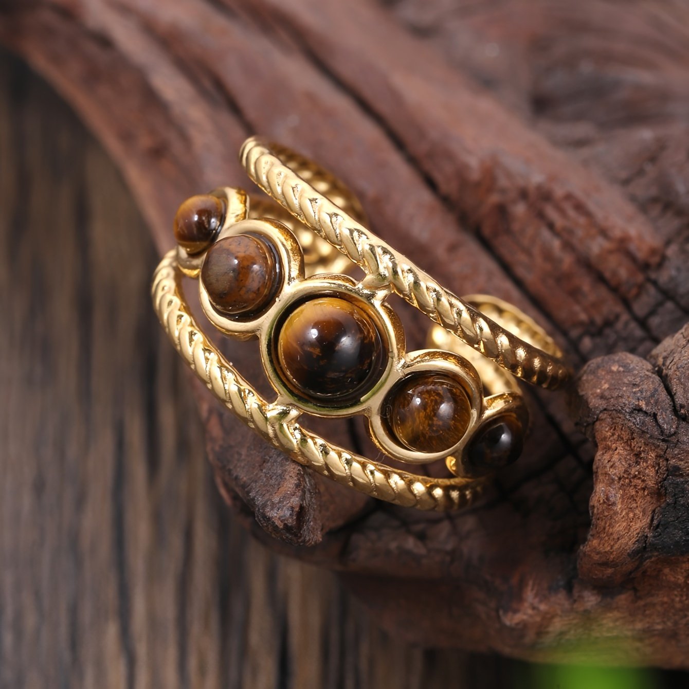 טבעת חלולה עגולה עם סט כוונון פתיחה אבן טבעית נירוסטה זהב פשוט בסגנון ארמון מתנה תכשיטי אירועים טבעת יוקרה בהירה – תמונה 7