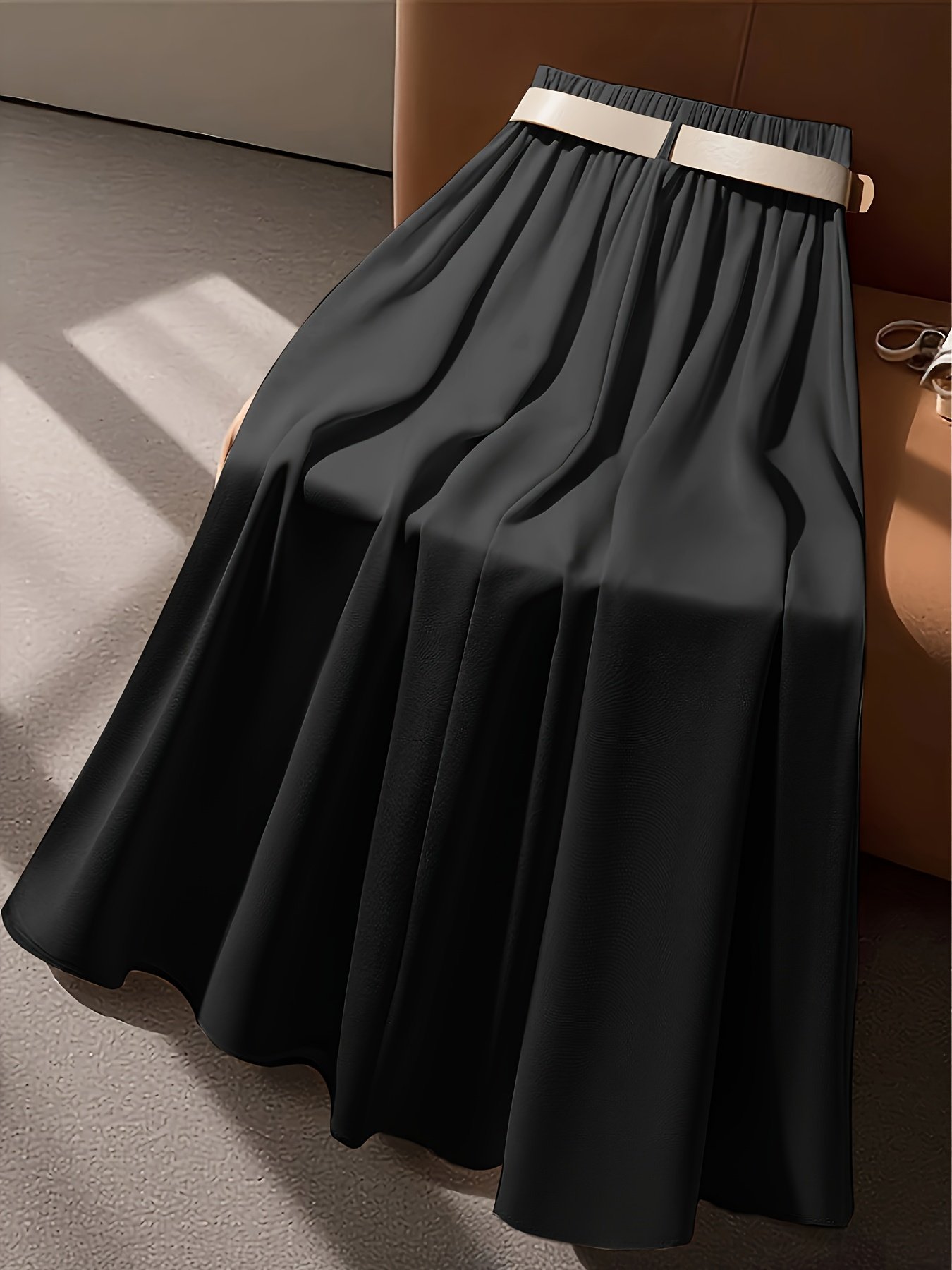 חצאית מקסי אלגנטית בצבע בז' לנשים - חצאית מכנסיים בגזרה גבוהה עם חגורה למשרד, מסיבות, יומיומיות - בד לא נמתח לכביסה במכונה, חצאית ארוכה למסיבה, מרקם חלק – תמונה 8