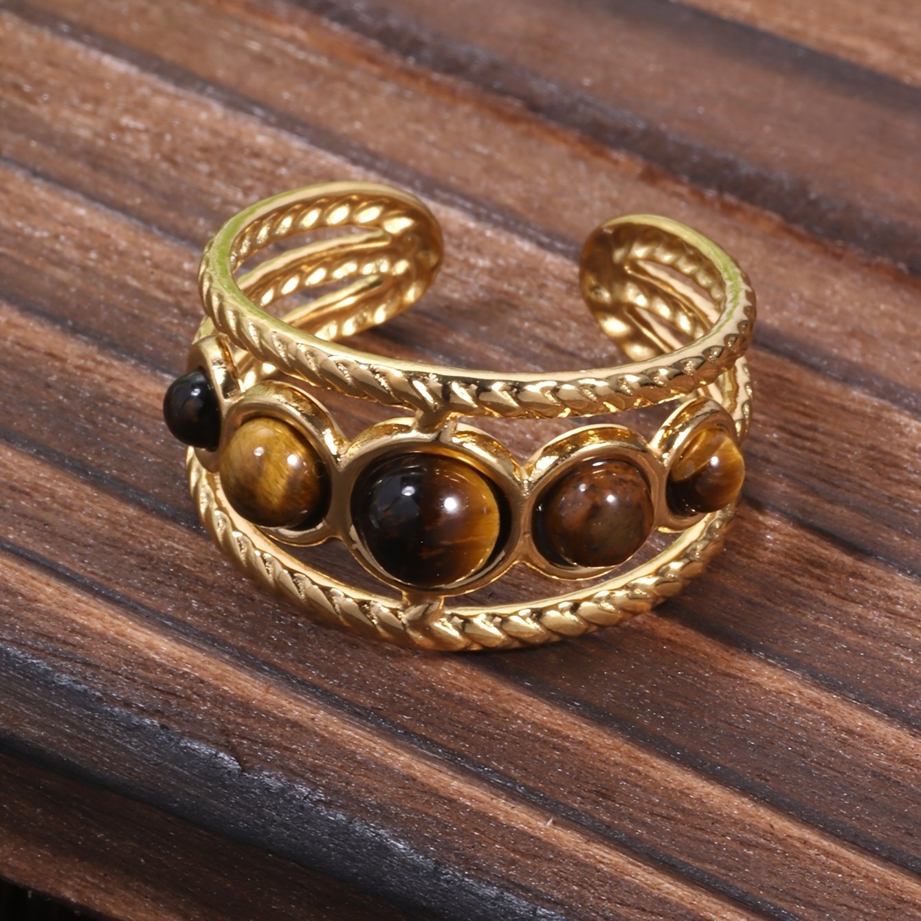 טבעת חלולה עגולה עם סט כוונון פתיחה אבן טבעית נירוסטה זהב פשוט בסגנון ארמון מתנה תכשיטי אירועים טבעת יוקרה בהירה – תמונה 10