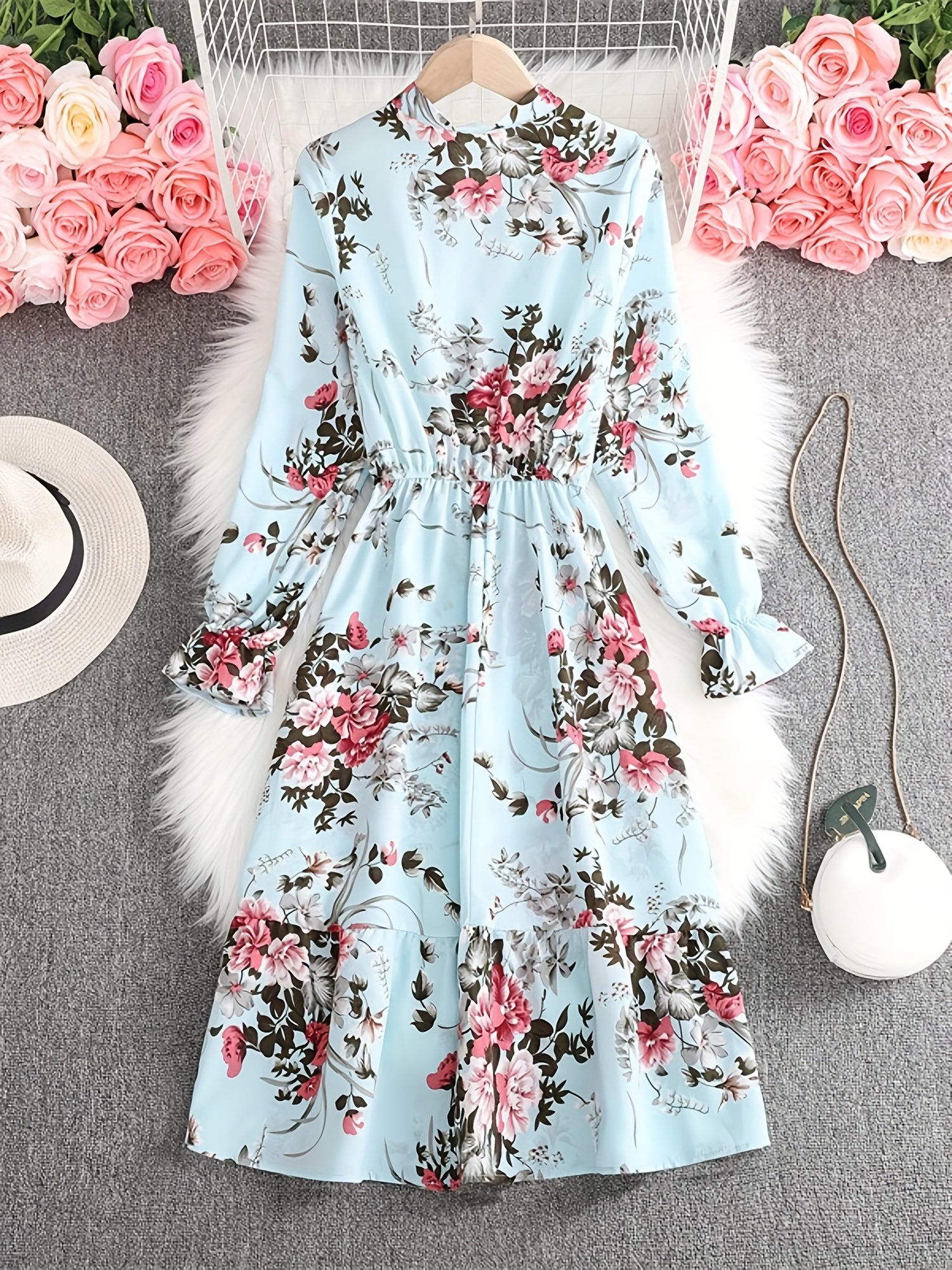 שמלת A אלגנטית לנשים עם הדפס פרחוני וצווארון פפיון - שמלת מסיבה וקז'ואל קלת משקל הניתנת לכביסה במכונה לאביב/סתיו, ורדים ורודים על תכלת, גזרה מובנית שאינה נמתחת, שמלות חמודות, בגדי סתיו, בד לא נמתח - Image 2