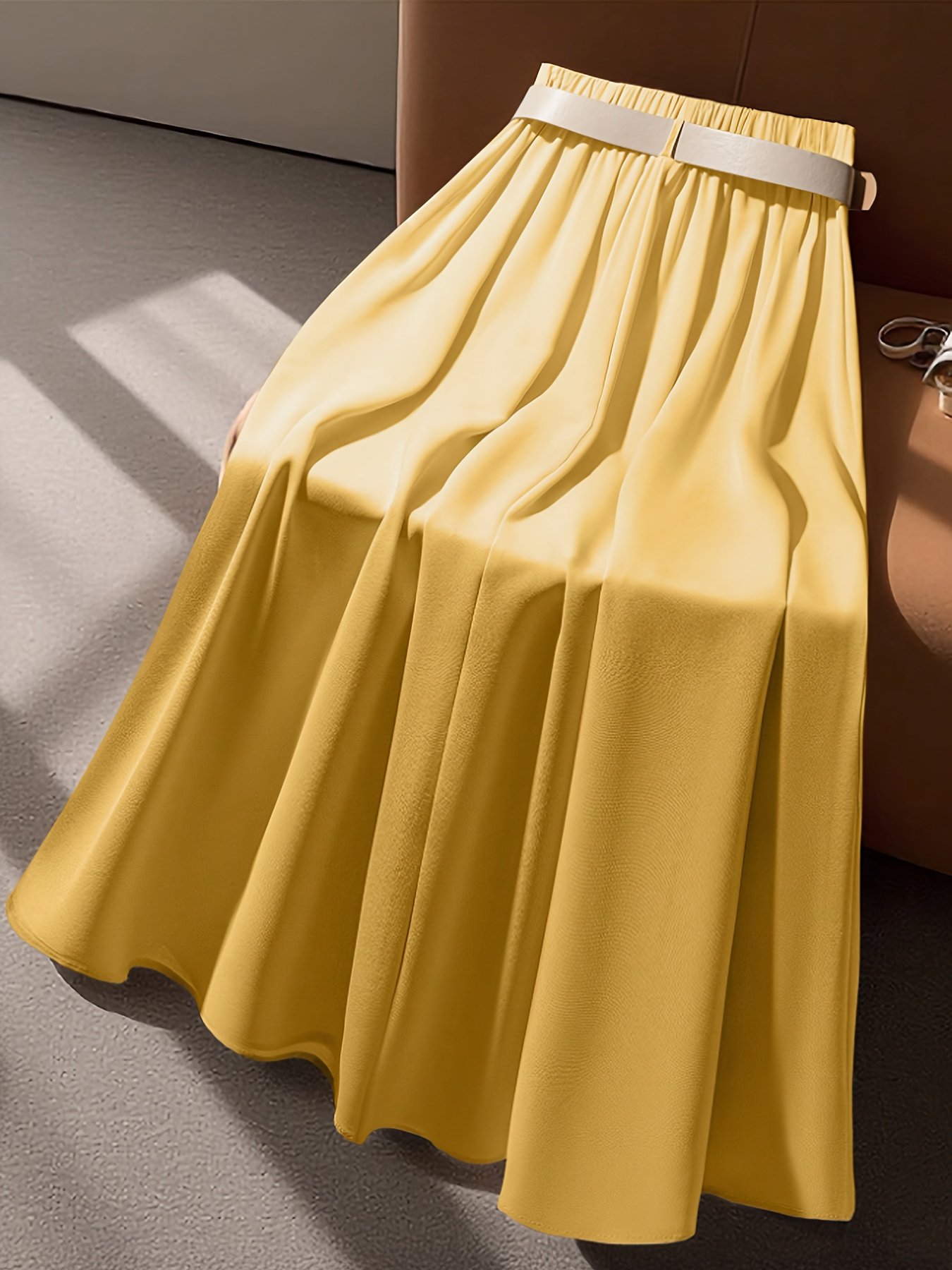 חצאית מקסי אלגנטית בצבע בז' לנשים - חצאית מכנסיים בגזרה גבוהה עם חגורה למשרד, מסיבות, יומיומיות - בד לא נמתח לכביסה במכונה, חצאית ארוכה למסיבה, מרקם חלק – תמונה 5