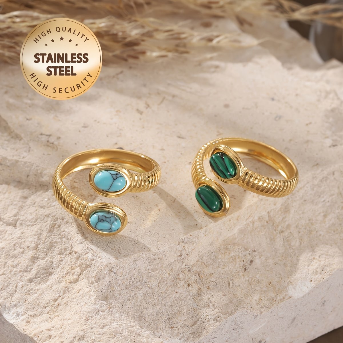 ⁦טבעת נירוסטה אלגנטית אחת עם נגיעות טורקיז - עיצוב רצועה מעוותת בסגנון בוהו שיק, מושלמת לחופשה וללבוש יומיומי - תכשיטי אופנה איכותיים לנשים, תכשיטי מתנה אופנתיים | סגנון בוהמי | נגיעות אקזוטיות⁩ – תמונה ⁦6⁩