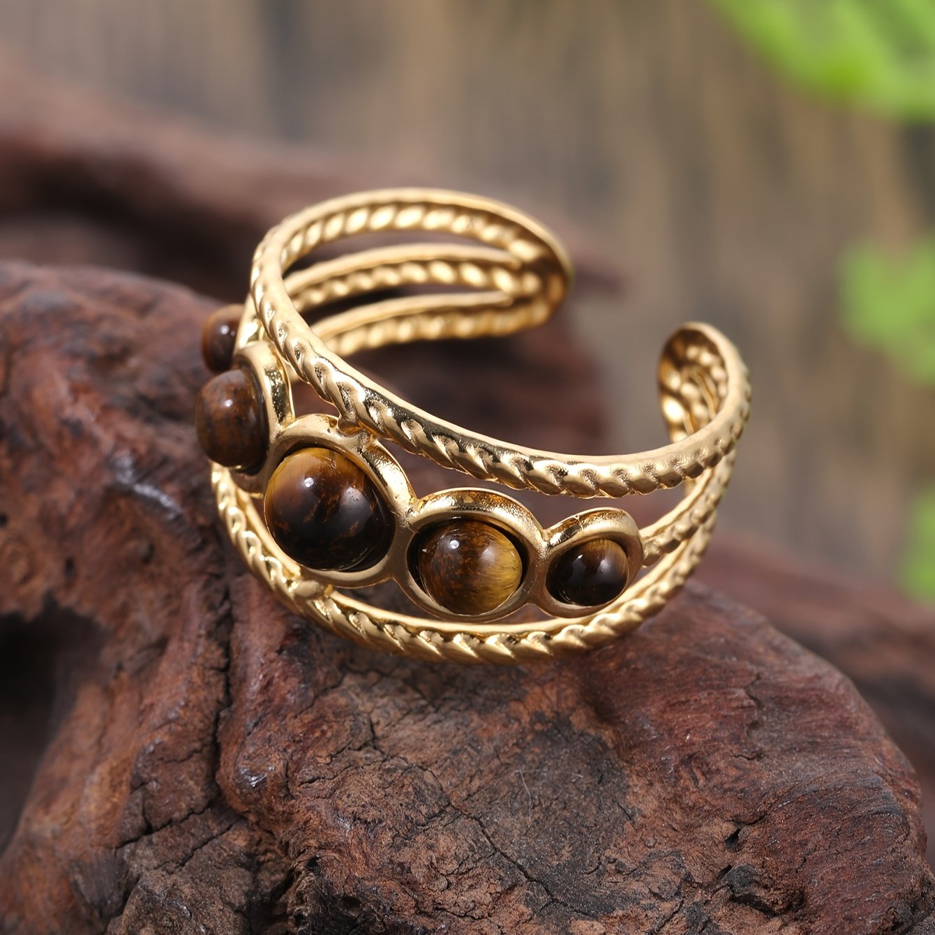 טבעת חלולה עגולה עם סט כוונון פתיחה אבן טבעית נירוסטה זהב פשוט בסגנון ארמון מתנה תכשיטי אירועים טבעת יוקרה בהירה – תמונה 9