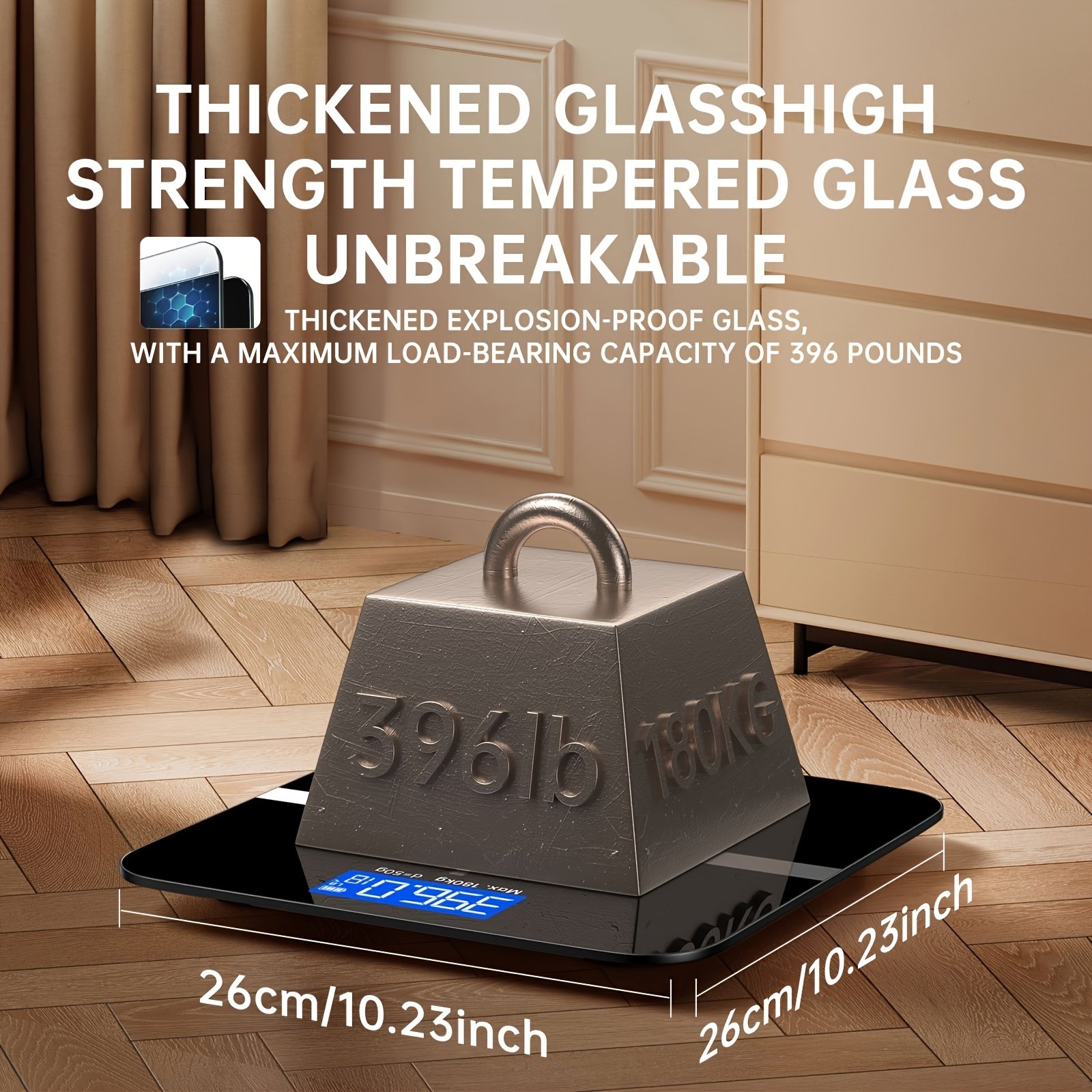 ⁦משקל דיגיטלי לאמבטיה מדויק 180 ק"ג/396.8 ליברות - צג LCD גדול, מבנה פלסטיק/זכוכית עמיד, מופעל על ידי סוללה (סוללה לא כלולה) - מתאים לבית ולרפואה⁩ – תמונה ⁦4⁩