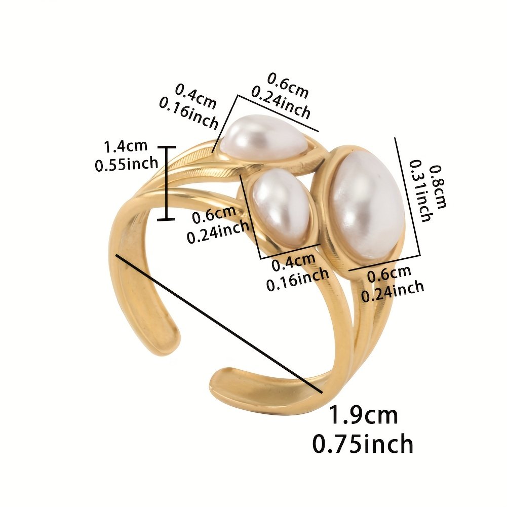 ⁦טבעת גיאומטרית אחת לנשים מפלדת אל-חלד עם 3 פניני חיקוי - טבעת יוקרתית בסגנון רטרו אלגנטי לחתונות וללבוש יומיומי⁩ – תמונה ⁦5⁩