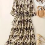 Vintage French dress for women with floral print and adjustable tie - light and smooth transparent long dress, machine washable, summer, casual to evening wear, chic dress, elegant event wear, elegant silhouette, breathable fabric, elegant style