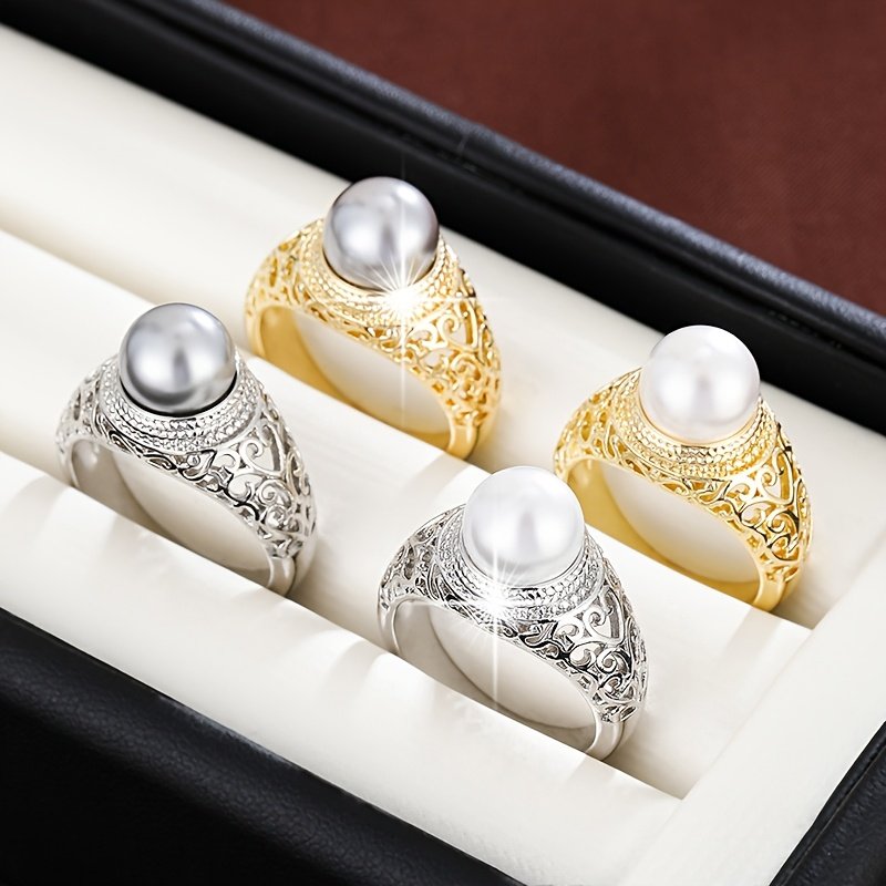 טבעת אלגנטית לנשים בעיצוב פרחוני חלול עם פנינה מלאכותית - נחושת בגוון זהוב, דוגמאות פיליגרן מורכבות, מושלמת ללבישה יומיומית או מתנה, תכשיטי מתנה | טבעת אלגנטית | גימור זהוב – תמונה 8