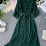 Elegant Summer Maxi Dress with V-Neck and Tie Waist - High A-Line Skirt, Solid Green, Perfect for Mature Women, Versatile for Casual or Formal Events, Formal Summer Dress | V-Neck Dress | Shiny Fabric