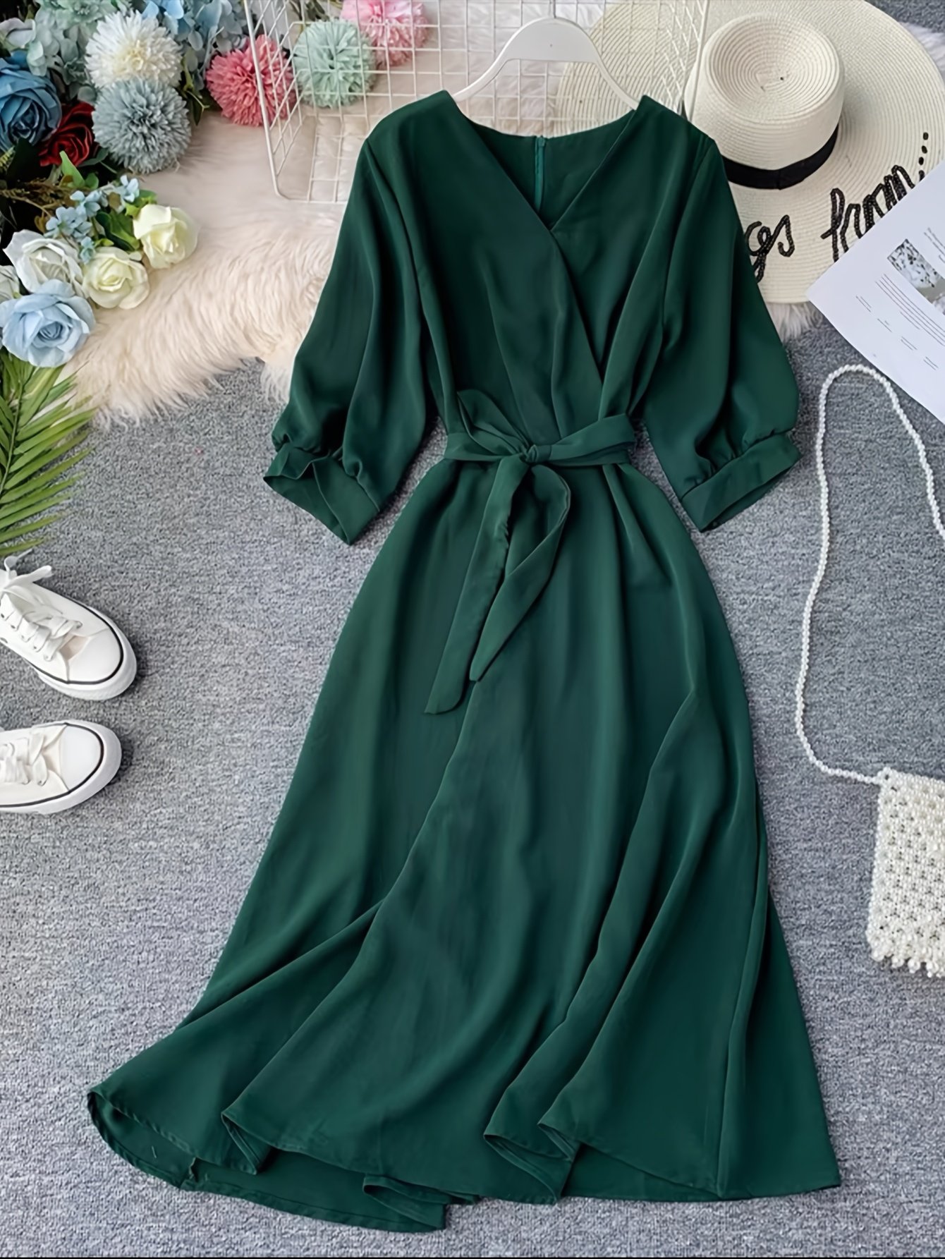 Elegant Summer Maxi Dress with V-Neck and Tie Waist - High A-Line Skirt, Solid Green, Perfect for Mature Women, Versatile for Casual or Formal Events, Formal Summer Dress | V-Neck Dress | Shiny Fabric