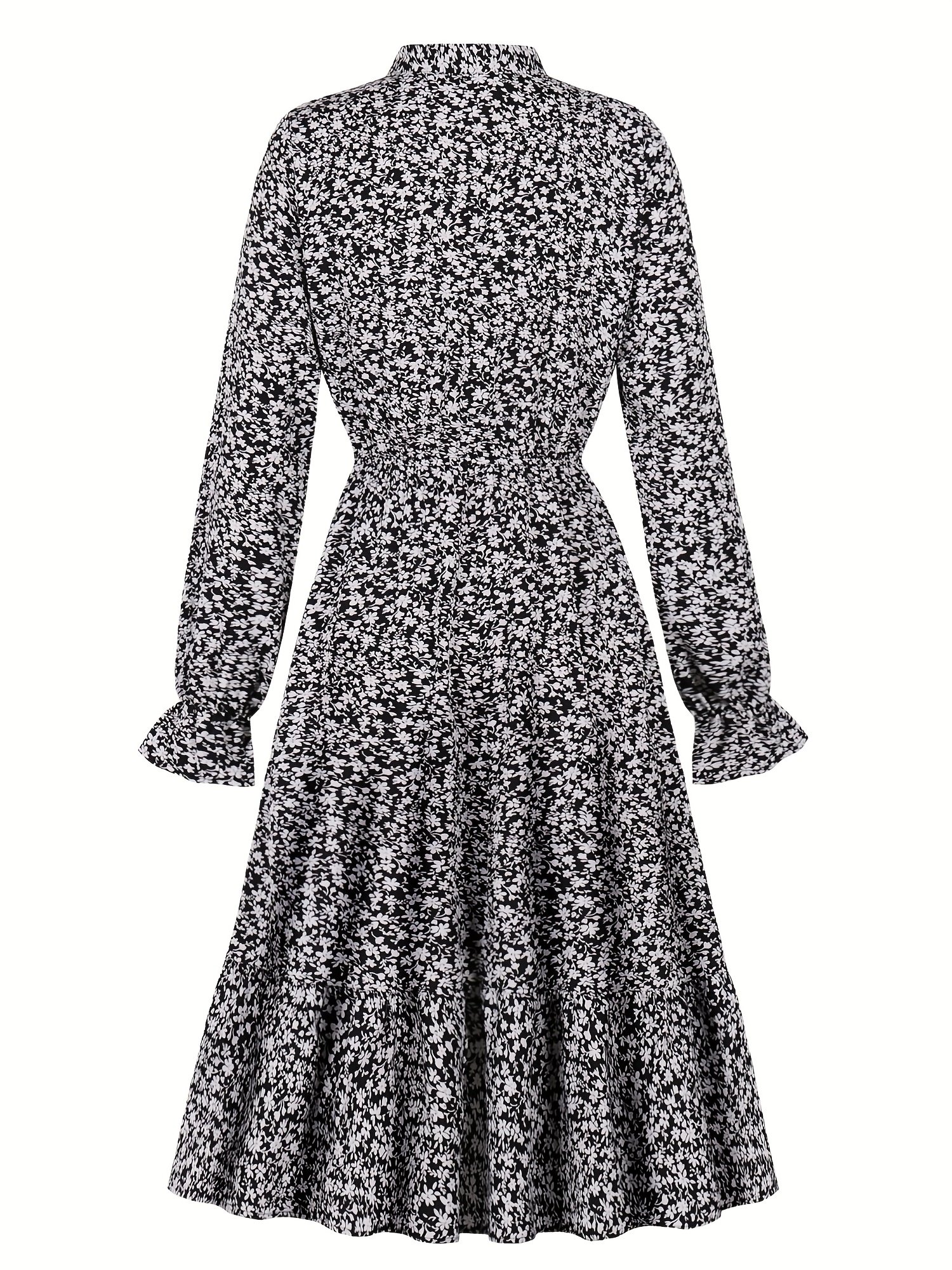 שמלת נופש קז'ואל אלגנטית עם הדפס פרחוני רטרו וצווארון קשירה, שרוולים ארוכים, באביב ובסתיו - Image 2