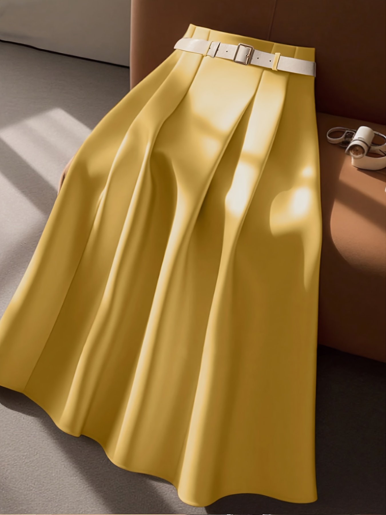 חצאית מקסי אלגנטית בצבע בז' לנשים - חצאית מכנסיים בגזרה גבוהה עם חגורה למשרד, מסיבות, יומיומיות - בד לא נמתח לכביסה במכונה, חצאית ארוכה למסיבה, מרקם חלק