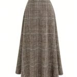 חצאית אלגנטית עם רוכסן, הדפס משובץ וגיאומטרי רטרו לנשים - ניתן לכביסה במכונה לכל עונה באורך מידי, חום/בז'/לבן/שחור, רב-תכליתית ללבוש קז'ואל ורשמי, לבוש רשמי, צללית מתרחבת, בד עמיד