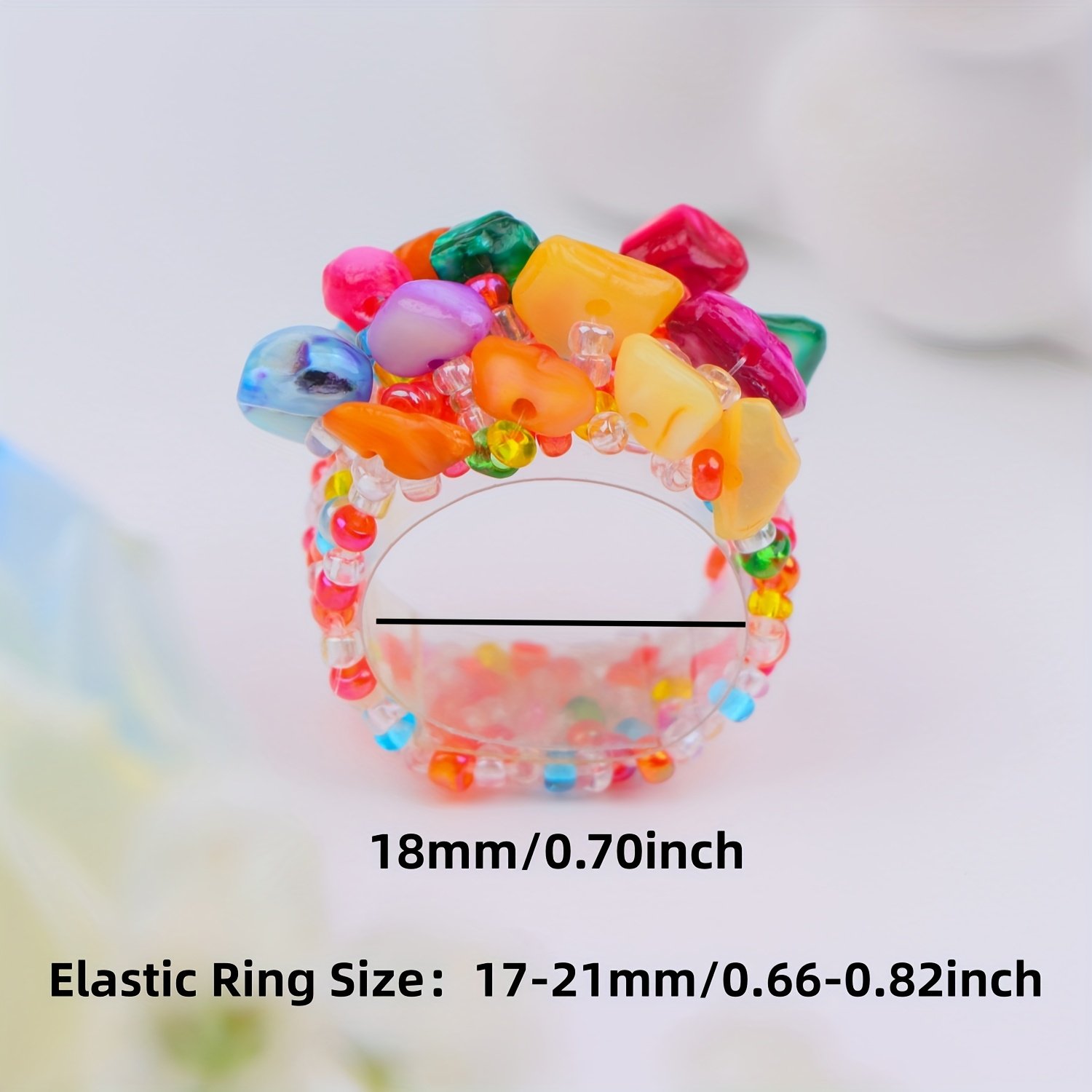 טבעת אלסטית בעבודת יד בוהמית אחת עם חרוזי אורז צבעוניים ואבן כתושה - תכשיטים בסגנון אתני תוסס לנשים, מושלמים למסיבות, חופשות וללבוש יומיומי, מתאים לגברים ולנשים כאחד – תמונה 2