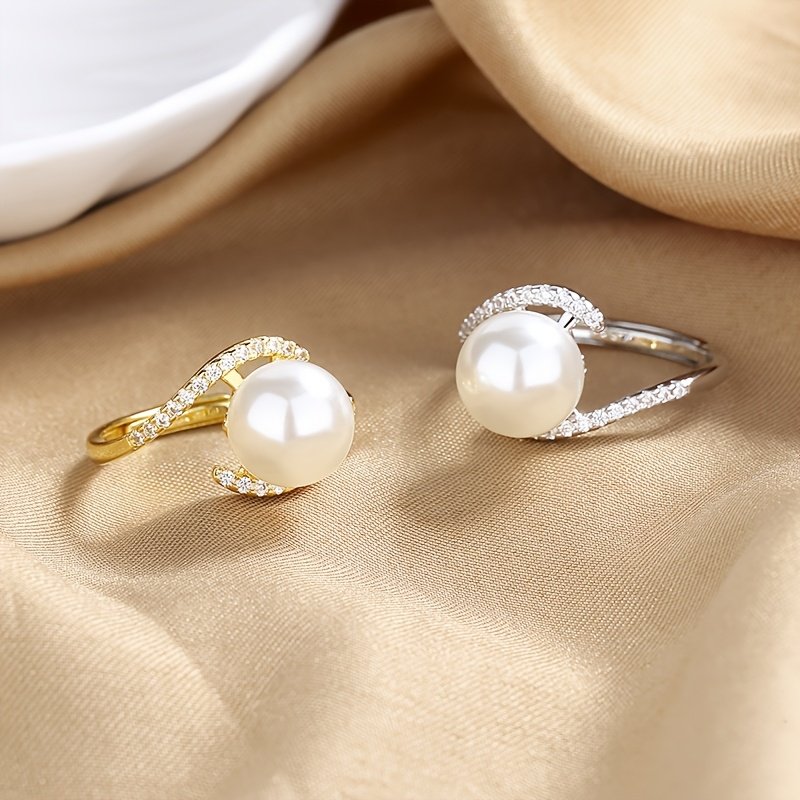 Elegant Single Adjustable Open Ring with Faux Pearl and Zirconia - Luxury Jewelry for Weddings, Holidays and Everyday Wear - Perfect Gift for Girlfriend, Bride or Mom - No Box Included, Cute Ring