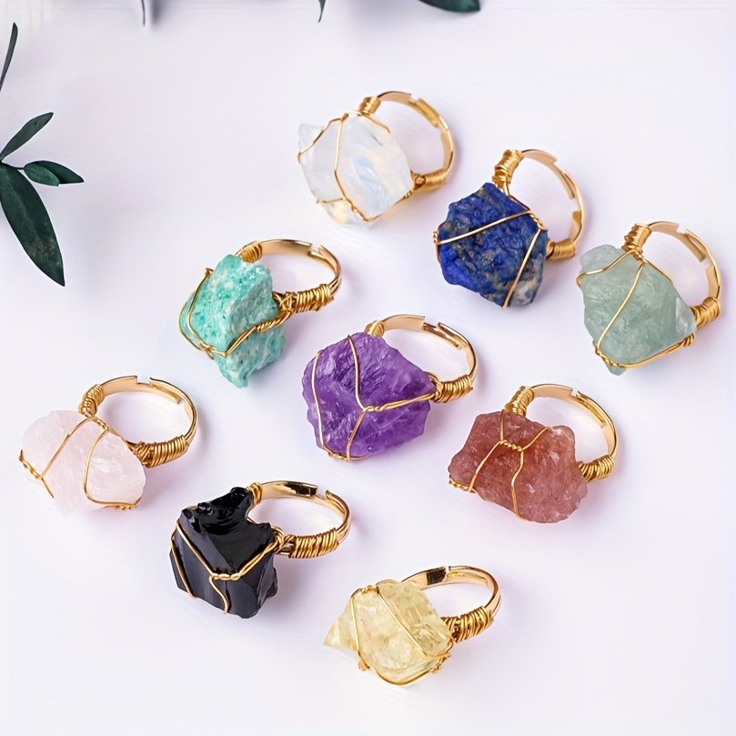 טבעת אבן קריסטל גולמית טבעית אחת, טבעת פתוחה מתכווננת, תכשיטים בעבודת יד, סגנון חופשה אלגנטי, מתנה ייחודית עם מרקמים לא סדירים (אבנים מגוונות) - Image 2