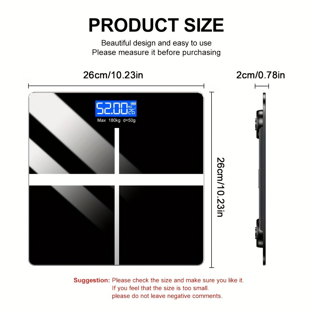 ⁦משקל דיגיטלי לאמבטיה מדויק 180 ק"ג/396.8 ליברות - צג LCD גדול, מבנה פלסטיק/זכוכית עמיד, מופעל על ידי סוללה (סוללה לא כלולה) - מתאים לבית ולרפואה⁩ – תמונה ⁦2⁩