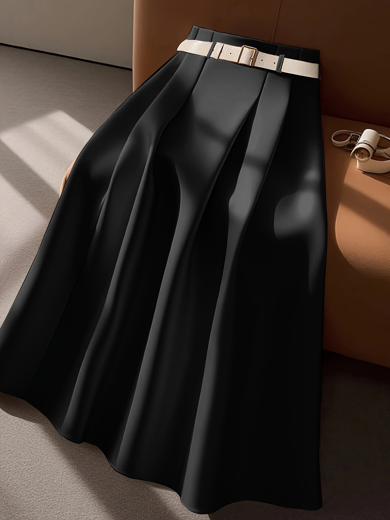 חצאית מקסי אלגנטית בצבע בז' לנשים - חצאית מכנסיים בגזרה גבוהה עם חגורה למשרד, מסיבות, יומיומיות - בד לא נמתח לכביסה במכונה, חצאית ארוכה למסיבה, מרקם חלק – תמונה 4