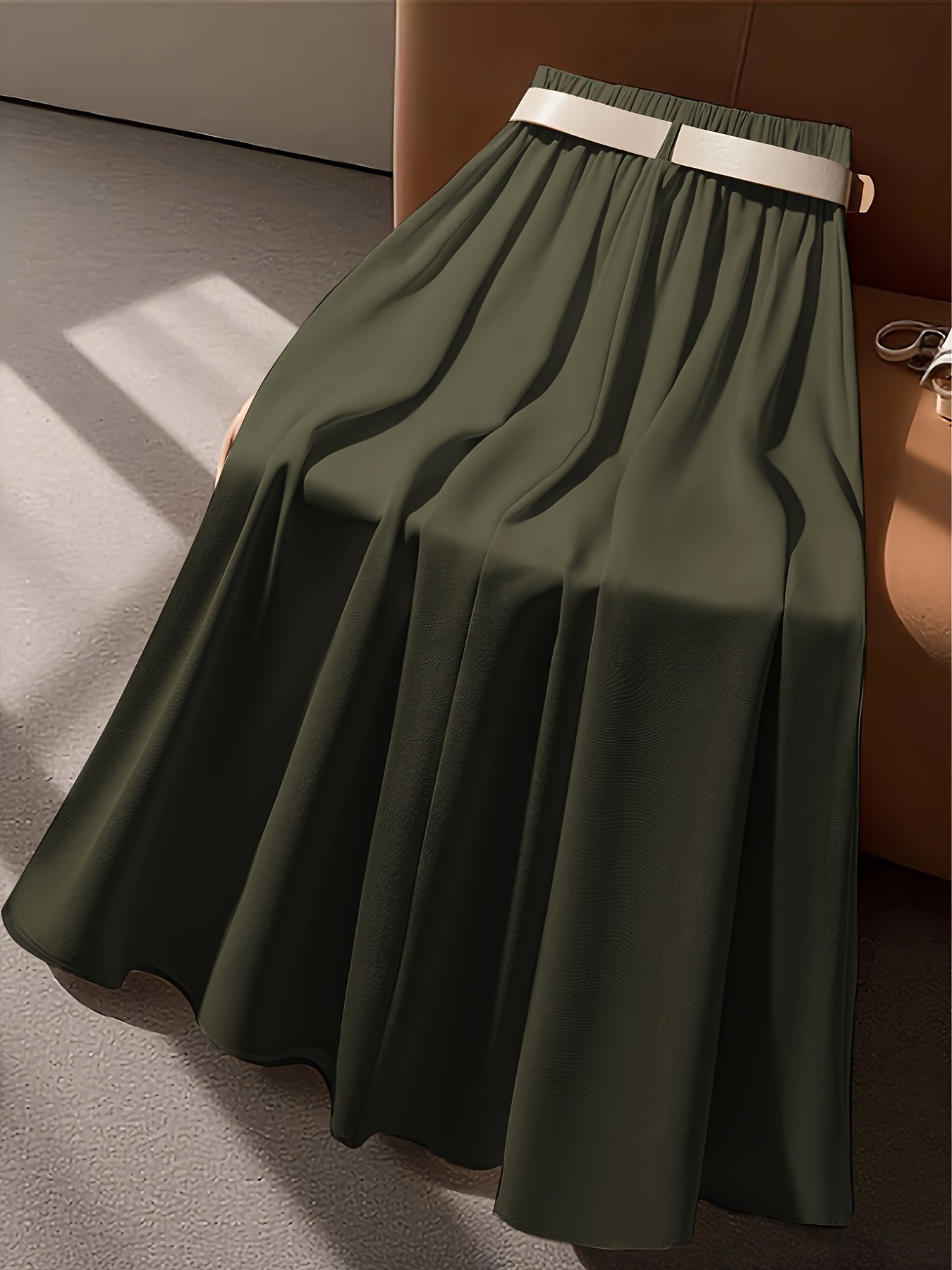 חצאית מקסי אלגנטית בצבע בז' לנשים - חצאית מכנסיים בגזרה גבוהה עם חגורה למשרד, מסיבות, יומיומיות - בד לא נמתח לכביסה במכונה, חצאית ארוכה למסיבה, מרקם חלק – תמונה 6