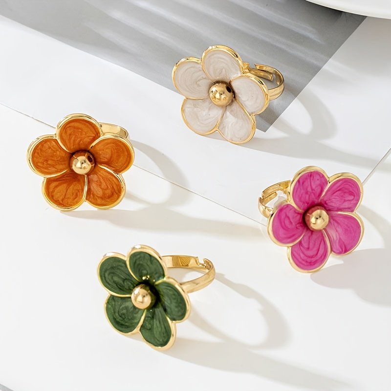 טבעת פתוחה אלגנטית עם אמייל בטפטוף פרח לנשים, חומר ברזל, סגנון אלגנטי פשוט, ללבישה יומיומית בכל עונה ולאירועי מתנה, תכשיטים