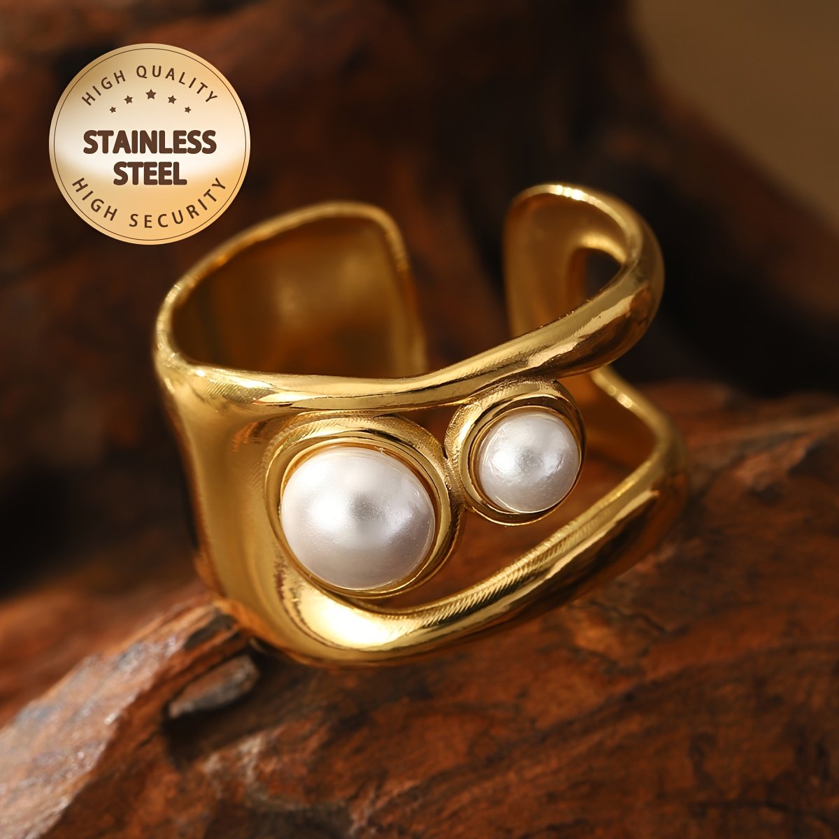 טבעת נירוסטה מתכווננת אלגנטית לנשים בגוון זהוב עם שלישיית פניני חיקוי - מושלמת למסיבות, מתנות ליום האהבה ולרמדאן, טבעת רב-תכליתית | טבעת בסגנון וינטג' | גימור יוקרתי