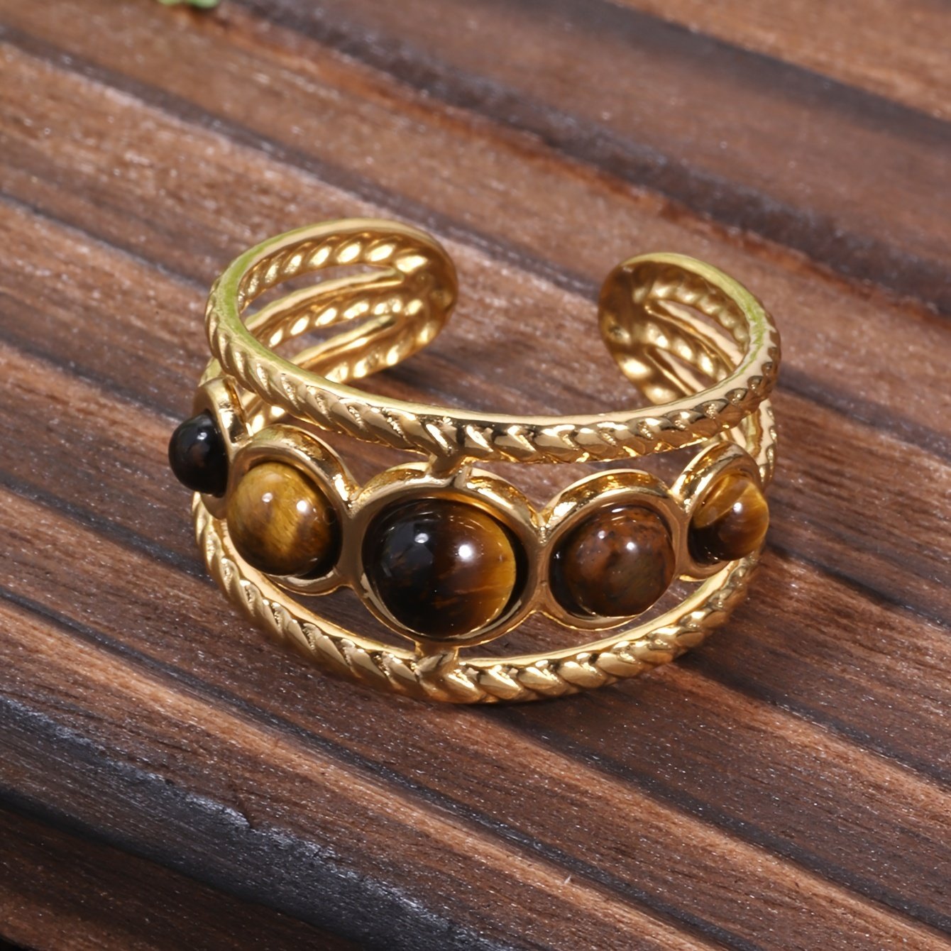 טבעת חלולה עגולה עם סט כוונון פתיחה אבן טבעית נירוסטה זהב פשוט בסגנון ארמון מתנה תכשיטי אירועים טבעת יוקרה בהירה – תמונה 3