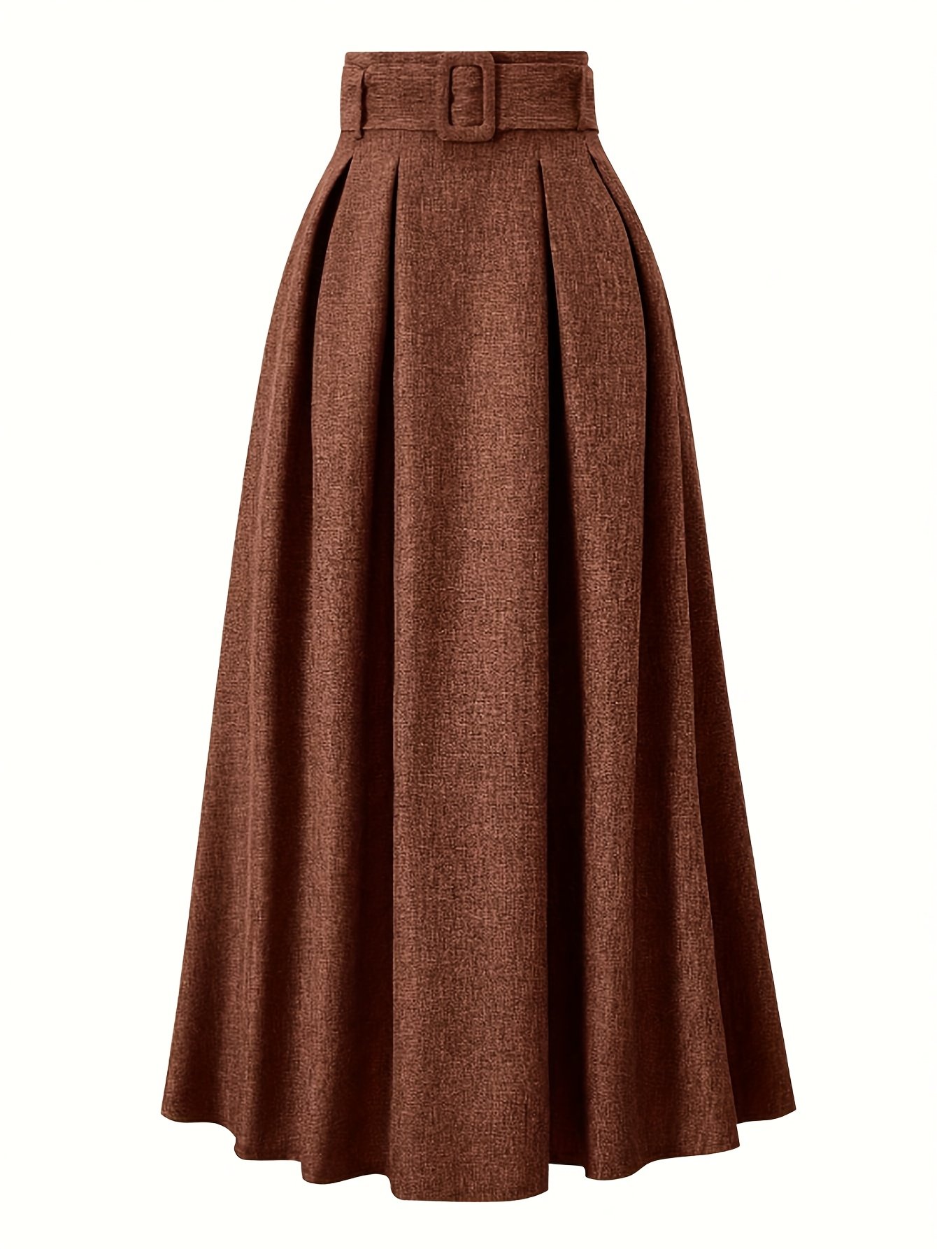 Elegant brown midi skirt with pleats and adjustable tie at the waist – high waist, flowing A-line, perfect for spring/summer, high skirt