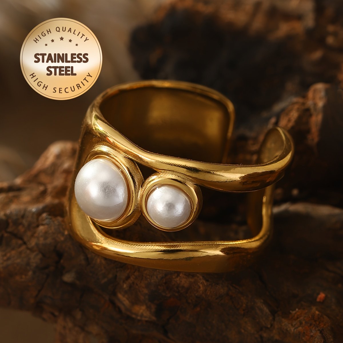 טבעת נירוסטה מתכווננת אלגנטית לנשים בגוון זהוב עם שלישיית פניני חיקוי - מושלמת למסיבות, מתנות ליום האהבה ולרמדאן, טבעת רב-תכליתית | טבעת בסגנון וינטג' | גימור יוקרתי - Image 10