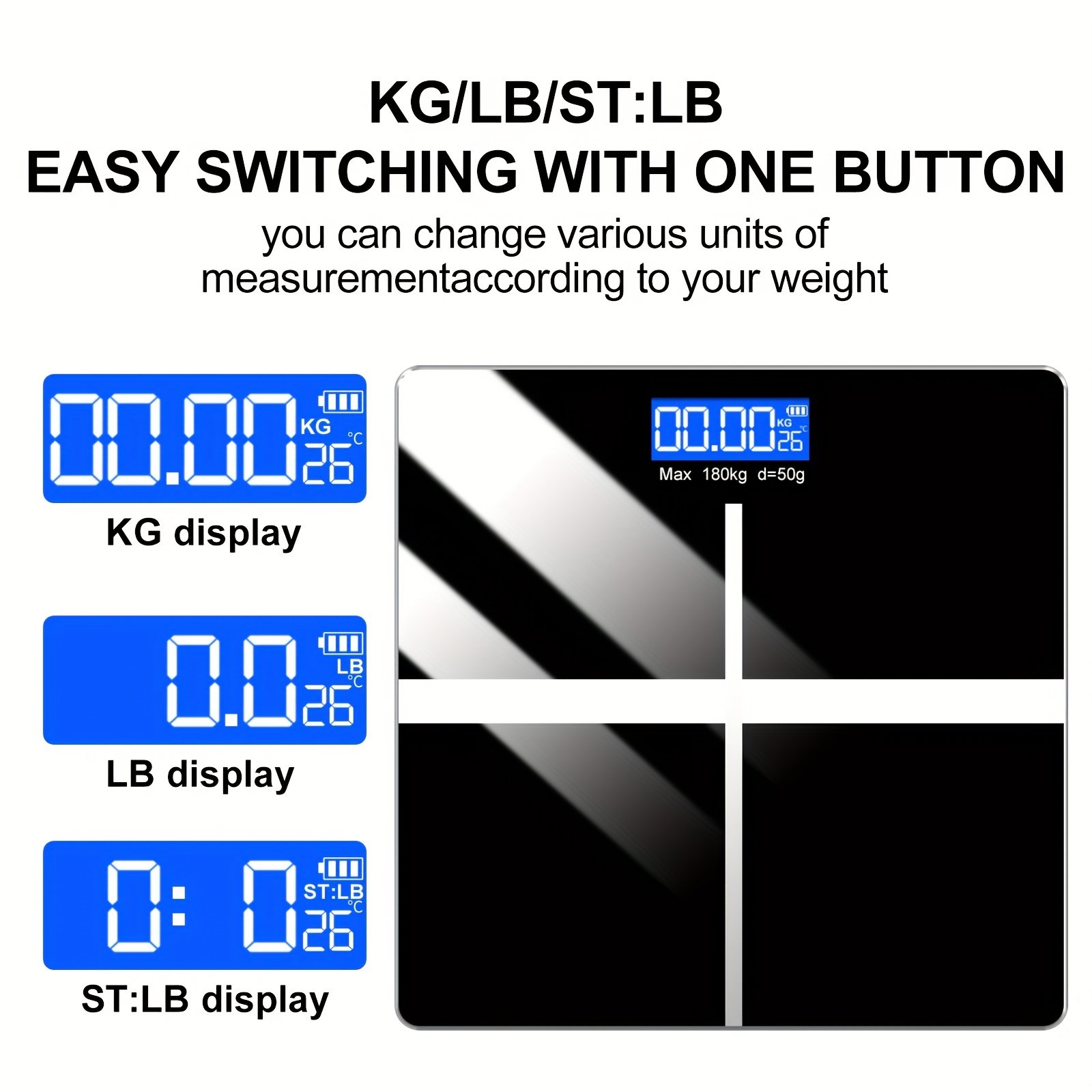 ⁦משקל דיגיטלי לאמבטיה מדויק 180 ק"ג/396.8 ליברות - צג LCD גדול, מבנה פלסטיק/זכוכית עמיד, מופעל על ידי סוללה (סוללה לא כלולה) - מתאים לבית ולרפואה⁩ – תמונה ⁦8⁩