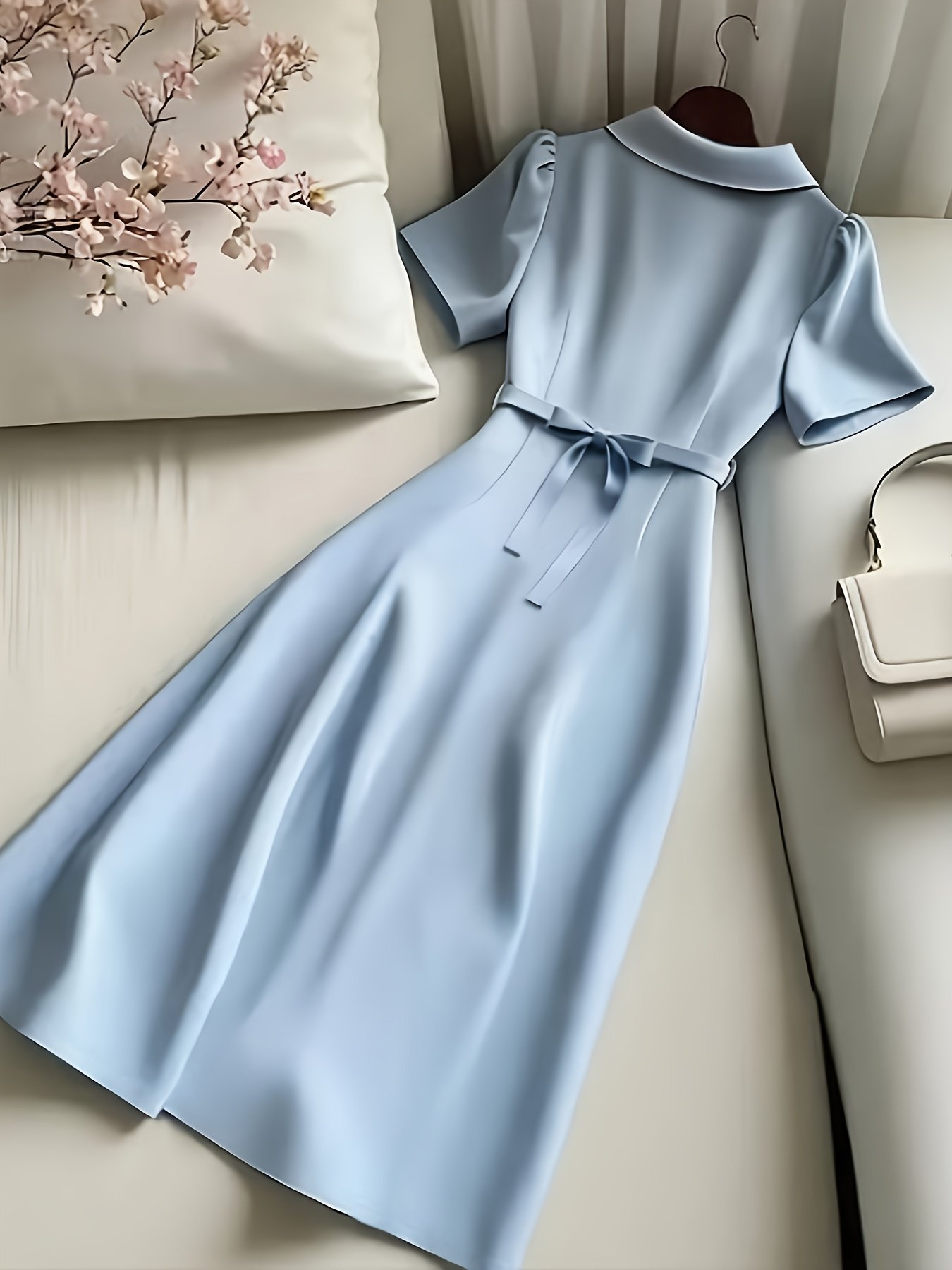 ⁦שמלת חולצה תכלת אלגנטית לנשים - שרוולים קצרים אופנתי, צווארון מכופתר, גזרה זורמת, מושלמת לסתיו/חורף, לבוש יומיומי עד רשמי, לבוש יומיומי | שמלה מכופתרת | מרקם מבריק⁩ – תמונה ⁦3⁩