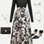 שמלה ארוכה ואלגנטית עם הדפס פרחוני לבנות נוער - פרחוני בשחור ובז', לאירועים רשמיים וליום יום, חצאית A מתרחבת, חגורת קשירה במותניים, ניתן לכביסה במכונה למסיבות, חתונות, בית ספר - תלבושות אביב/סתיו, לבוש למסיבה, חומר לא שקוף, מלתחה לסתיו, בד עמיד, צעיר