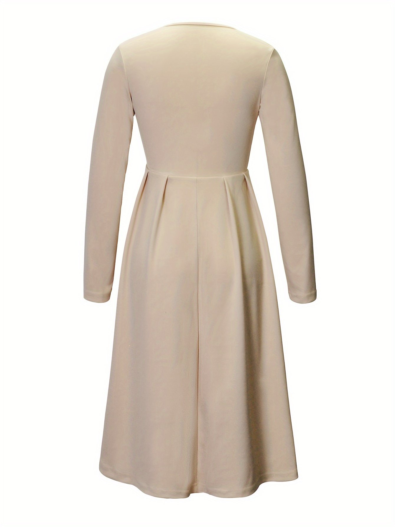 שמלה אלגנטית בגזרת A בצבע בז' עם צווארון V ושרוולים ארוכים - מושלמת לאביב/קיץ, ללא חגורה, כפתורים דמויי לב, אופנת נשים למבוגרים, לבוש קז'ואל|שמלה עם מחשוף V|פרטי כפתורים דמויי לב – תמונה 2