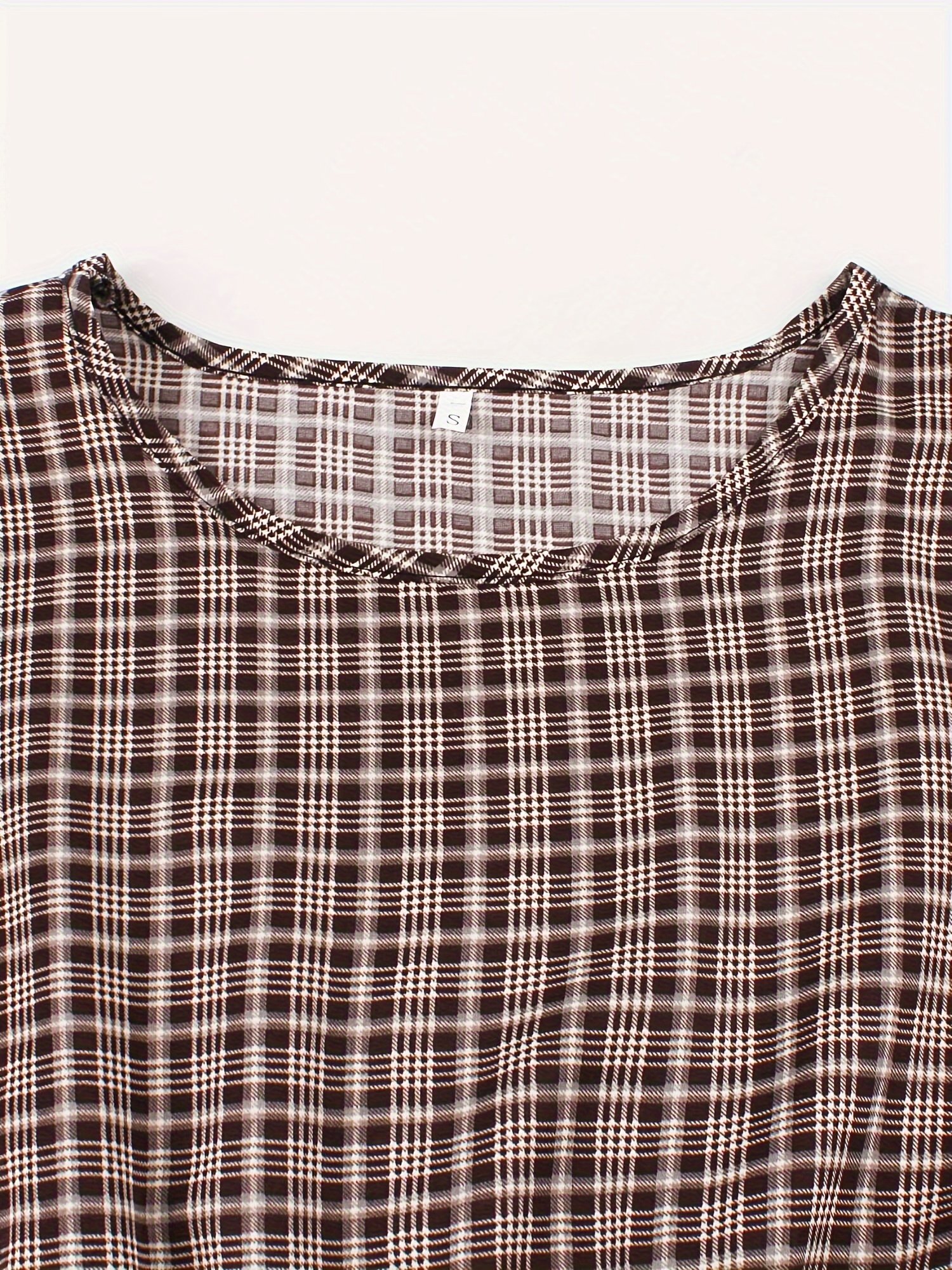 ⁦שמלת A-קו וינטג' לנשים עם הדפס חום ולבן - חצאית מתרחבת בגזרה גבוהה, שרוול עם צווארון עגול, ניתן לכביסה במכונה, ללבוש קז'ואל עד חצי רשמי כל העונה, שמלה מבד זורם⁩ – תמונה ⁦4⁩