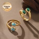 טבעת נירוסטה אלגנטית אחת עם נגיעות טורקיז - עיצוב רצועה מעוותת בסגנון בוהו שיק, מושלמת לחופשה וללבוש יומיומי - תכשיטי אופנה איכותיים לנשים, תכשיטי מתנה אופנתיים | סגנון בוהמי | נגיעות אקזוטיות