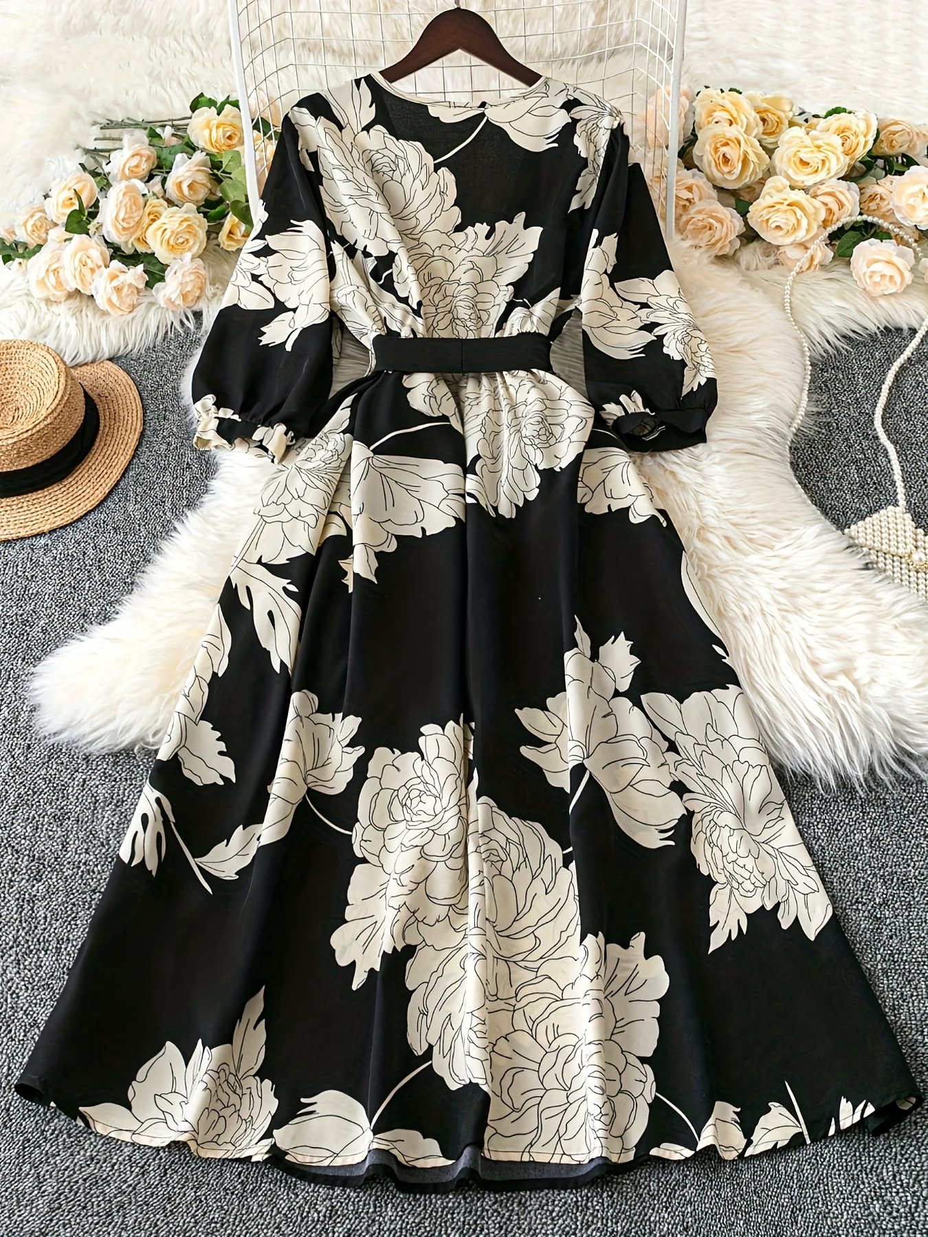 שמלת מקסי חדשה לנשים לקיץ ולסתיו עם שרוולים ארוכים, מודפסת, מחשוף מוצלב וקשירה במותניים, YT - Image 2