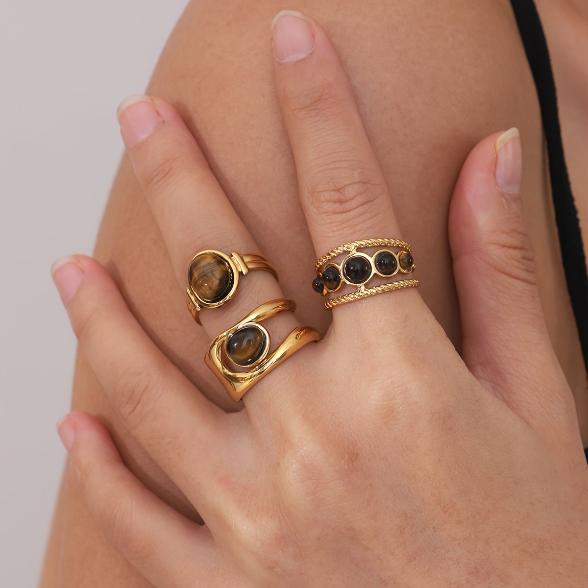 טבעת חלולה עגולה עם סט כוונון פתיחה אבן טבעית נירוסטה זהב פשוט בסגנון ארמון מתנה תכשיטי אירועים טבעת יוקרה בהירה – תמונה 2