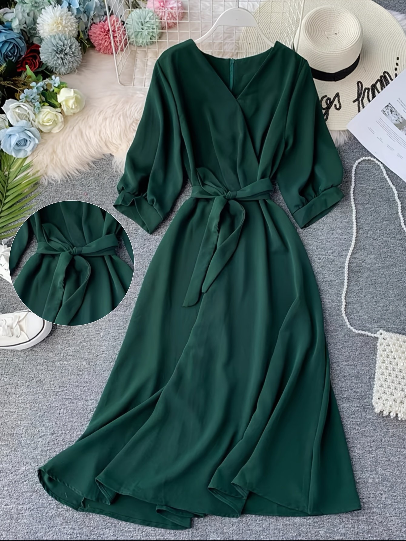 שמלת מקסי קיצית אלגנטית עם צווארון V וקשירה במותן - חצאית A-גזרה גבוהה, ירוק אחיד, מושלמת לנשים בוגרות, רב-תכליתית לאירועים קז'ואל או רשמי, שמלת קיץ רשמית | שמלת צווארון V | בד מבריק - Image 3