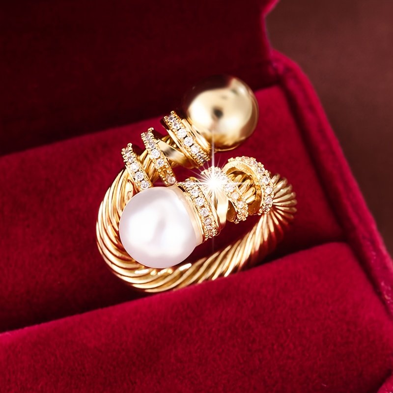 טבעת מתכווננת אלגנטית אחת לנשים עם עיצוב מעוות ונגיעות זירקוניה - טבעת פתוחה, מצופה זהב לבן, יומיומי ומתנה, כל העונות, טבעת מתנה | טבעת טבעת מעוותת | נגיעות זירקוניה, קישוט טבעת - Image 3