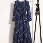 שמלת A-קו אלגנטית בצבע כחול כהה לנשים עם הדפס פרחוני - שרוולים ארוכים, צווארון עגול, שוליים מתרחבים, ניתן לכביסה במכונה, לבוש למסיבות וקז'ואל לאביב/סתיו, לבוש לאירועים, בד לא שקוף