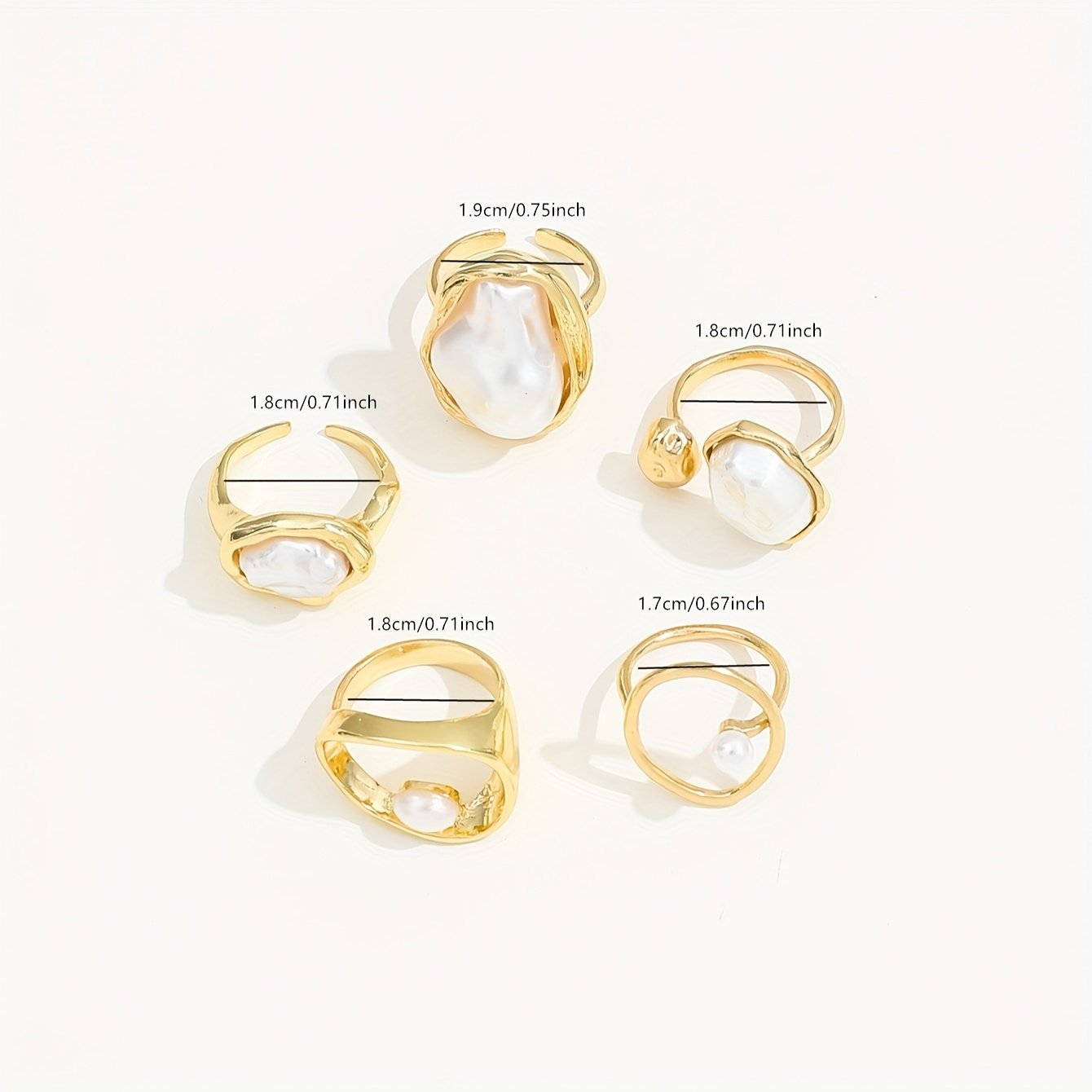 סט טבעות פנינה מלאכותית מלוטשת בעבודת יד מסגסוגת 5 יחידות: טבעות מוגזמות אלגנטיות, מסוגננות וסקסיות ללבישה יומיומית, מסיבות חופשה, חתונות או הענקת מתנות – תמונה 4