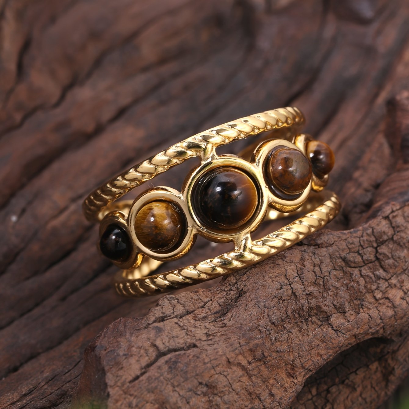 טבעת חלולה עגולה עם סט כוונון פתיחה אבן טבעית נירוסטה זהב פשוט בסגנון ארמון מתנה תכשיטי אירועים טבעת יוקרה בהירה – תמונה 4