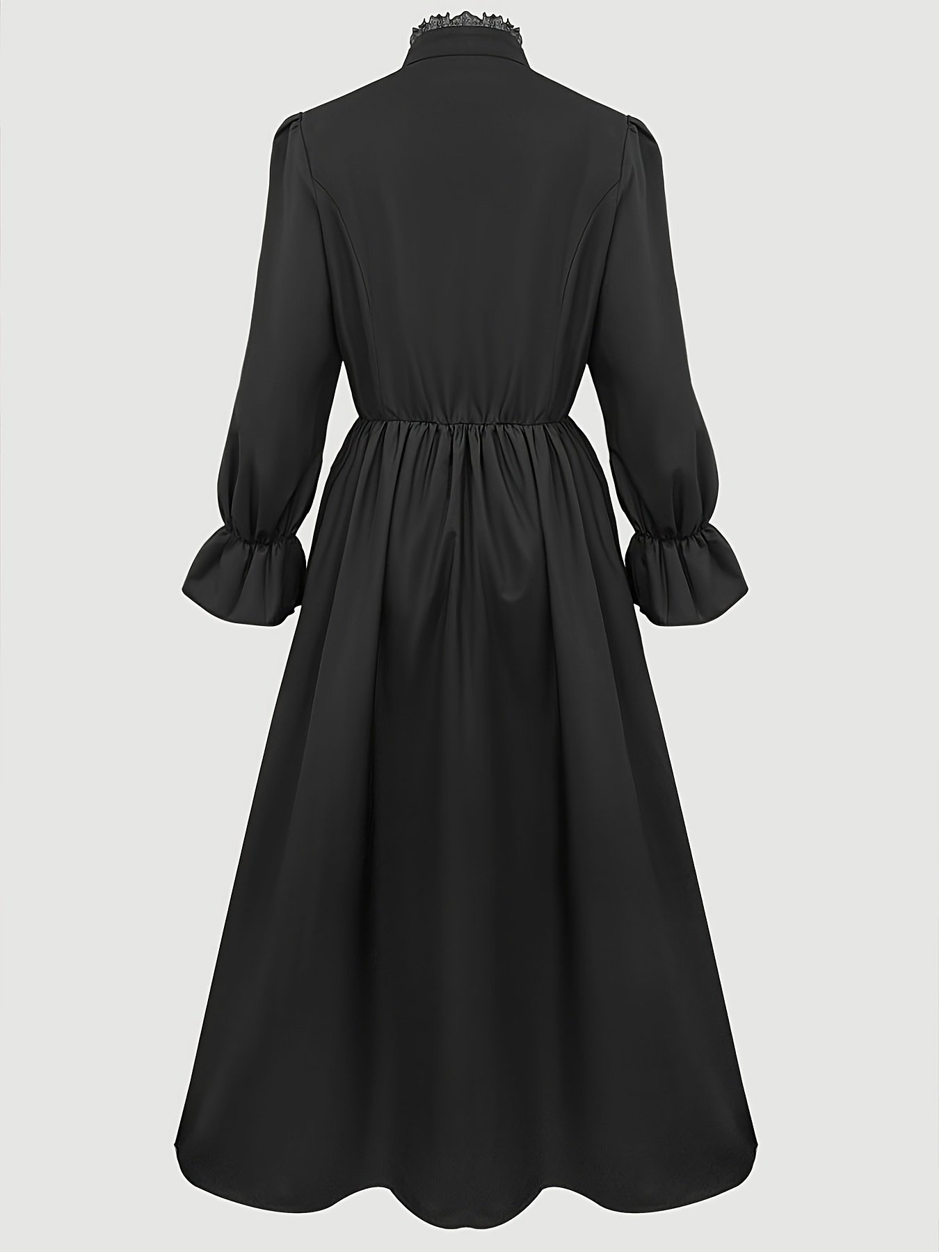 שמלה שחורה אלגנטית עם שרוולים ארוכים וגימור תחרה - צווארון מקושט, חזית מכופתרת, גזרה A-גזרה זורמת, מושלמת לכל עונות השנה, שמלה לכל העונות | שמלת צווארון מקושט | גימור תחרה - Image 2